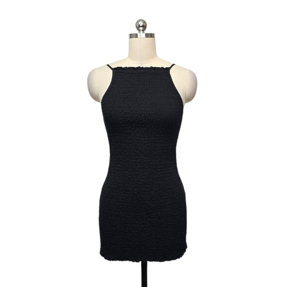 Free People Black Smocked Mini Dress Lace Up Back XS Sleeveless High Neck